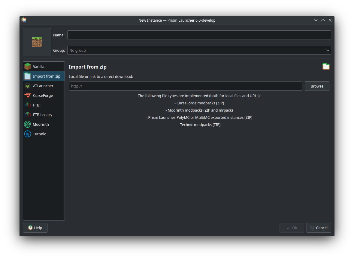 Prism Launcher Add Instance screen on the Import tab