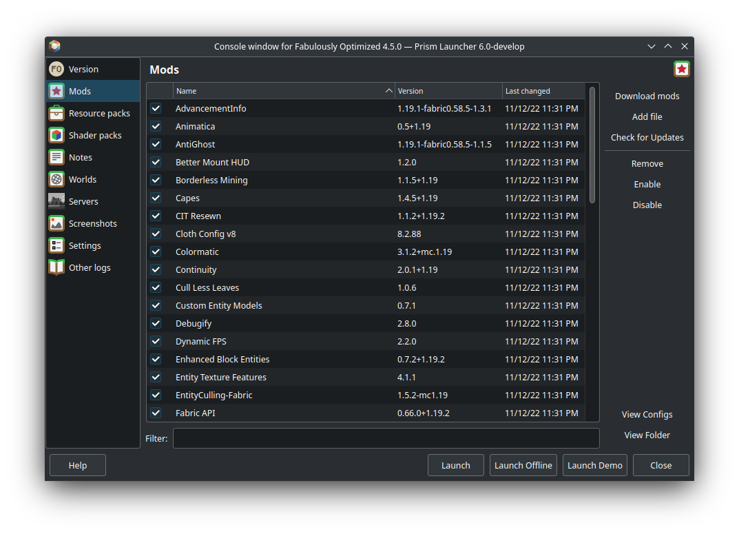 Prism Launcher Edit Instance Mods screen showing the Download Mods and View Folder buttons